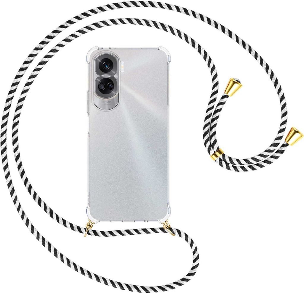 Handykette Backcover-Schutzhülle mit Band (Metall goldfarben) für Honor 90 Lite 5G (6.7'') - schwarz/weiß gestreift