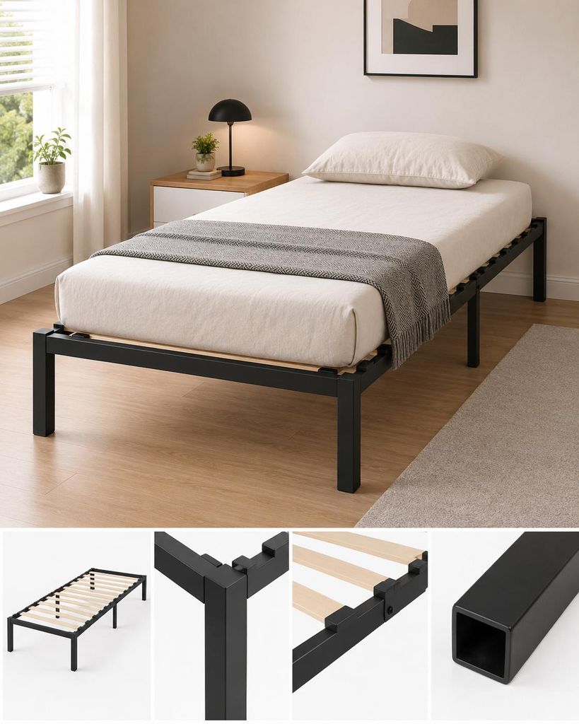 Metallbett 90x200 cm mit Lattenrost, Bettgestell aus Stahl & Holz, 160 kg Belastbar, 26 cm Stauraum, Geräuscharm, Einfache Montage, Schwarz