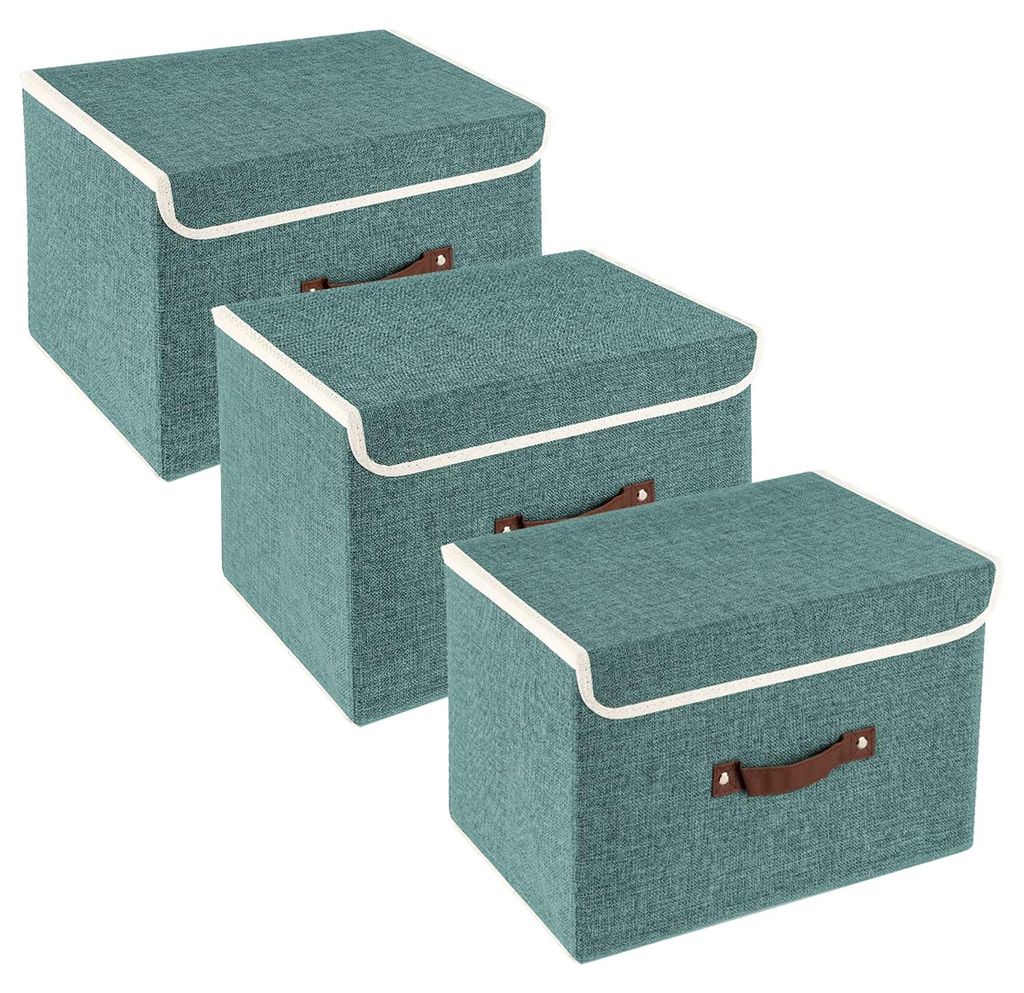 3-teilige Aufbewahrungsbox mit Deckel, faltbar, aus Stoff, Waschbar, 38 x 25 x 25 cm, Aqua Deep