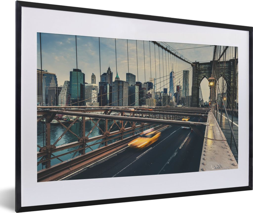 MuchoWow MuchoWow Gerahmtes Poster New York - Auto - Brooklyn Bridge 60x40 cm - Poster mit zchwarzem Bilderrahmen - Schlafzimmer - Plakat in Ra...