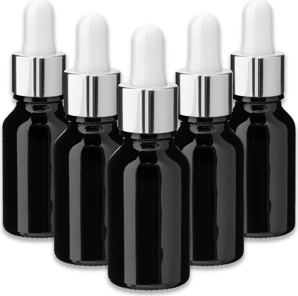 5x Schwarze Glasflasche 15 ml mit silberner Pipette Nachfüllbar 18/415