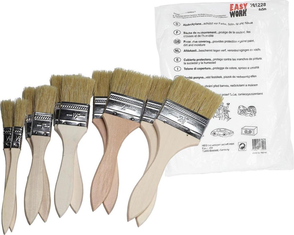 Maler Pinsel Anstreich Set 10 Flachpinsel + 1 Abdeckfolie 4x5m