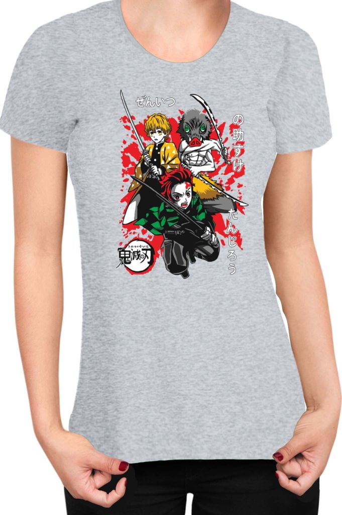 Damen T-Shirt Demon Anime Slayer Kimetsu No Yaiba Tanjiro Zenitsu Inosuke 002, Lady XS / Grau