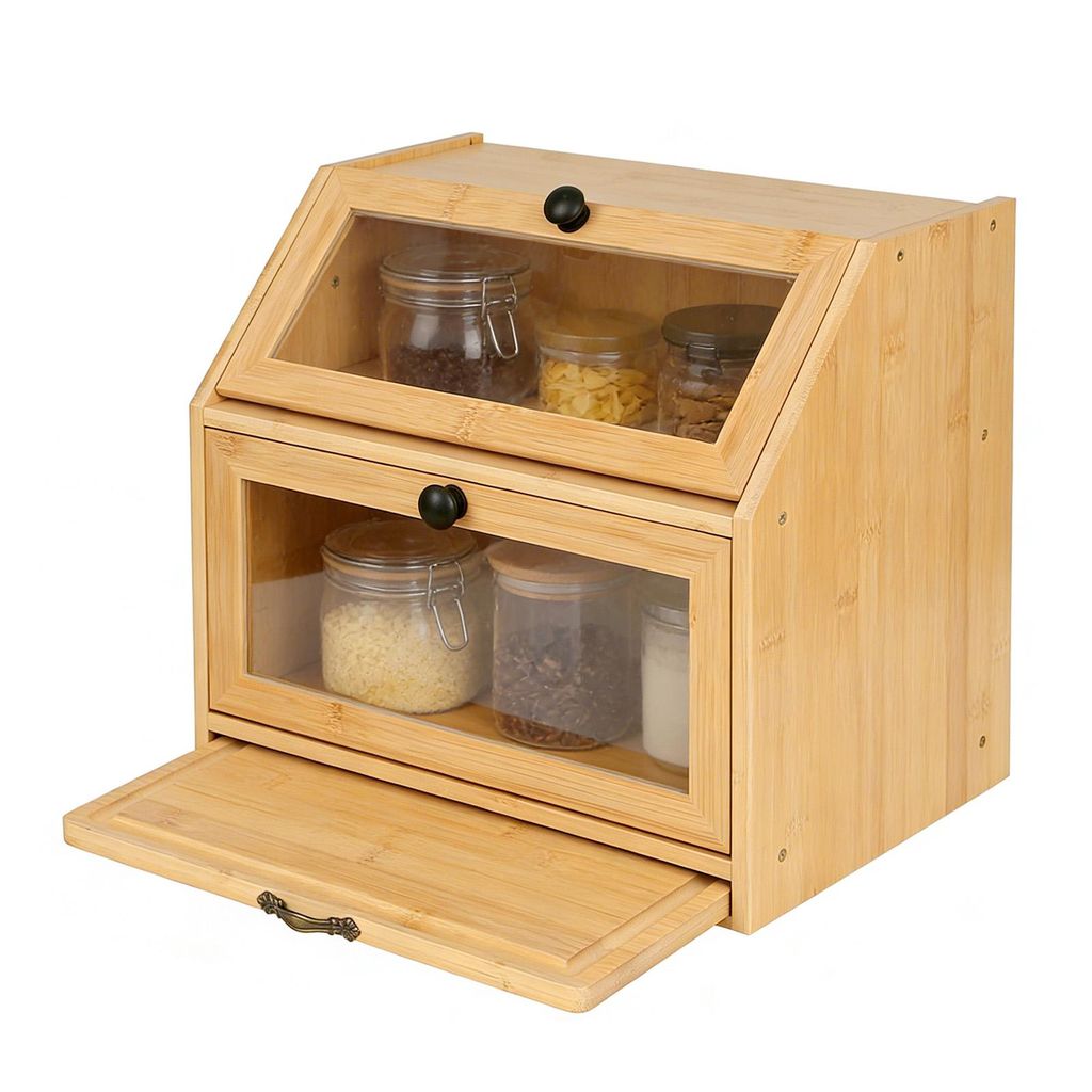 Bambus Brotkasten mit Schneidebrett,Großer Brotbox,2 Etagen und Sichtfenster,Holz Brotbehälter für Hörnchen,Brötchen,Brotaufbewahrung Küche 2...