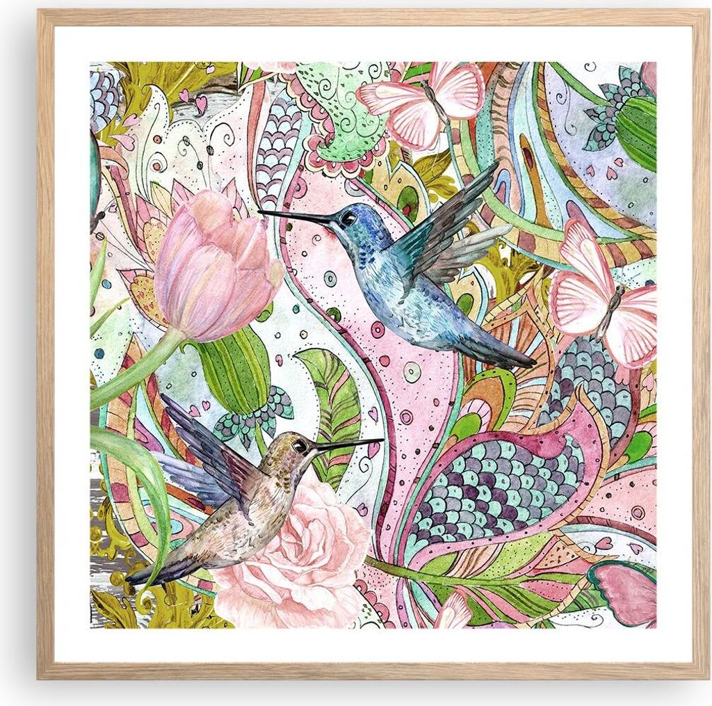 Gerahmtes Poster - Rahmen in heller Eiche - Vogel Schmetterling Blume - 60x60 cm - Wand Bild - Wanddeko - Wandbilder - Wandposter - Bilderrahmen - ...
