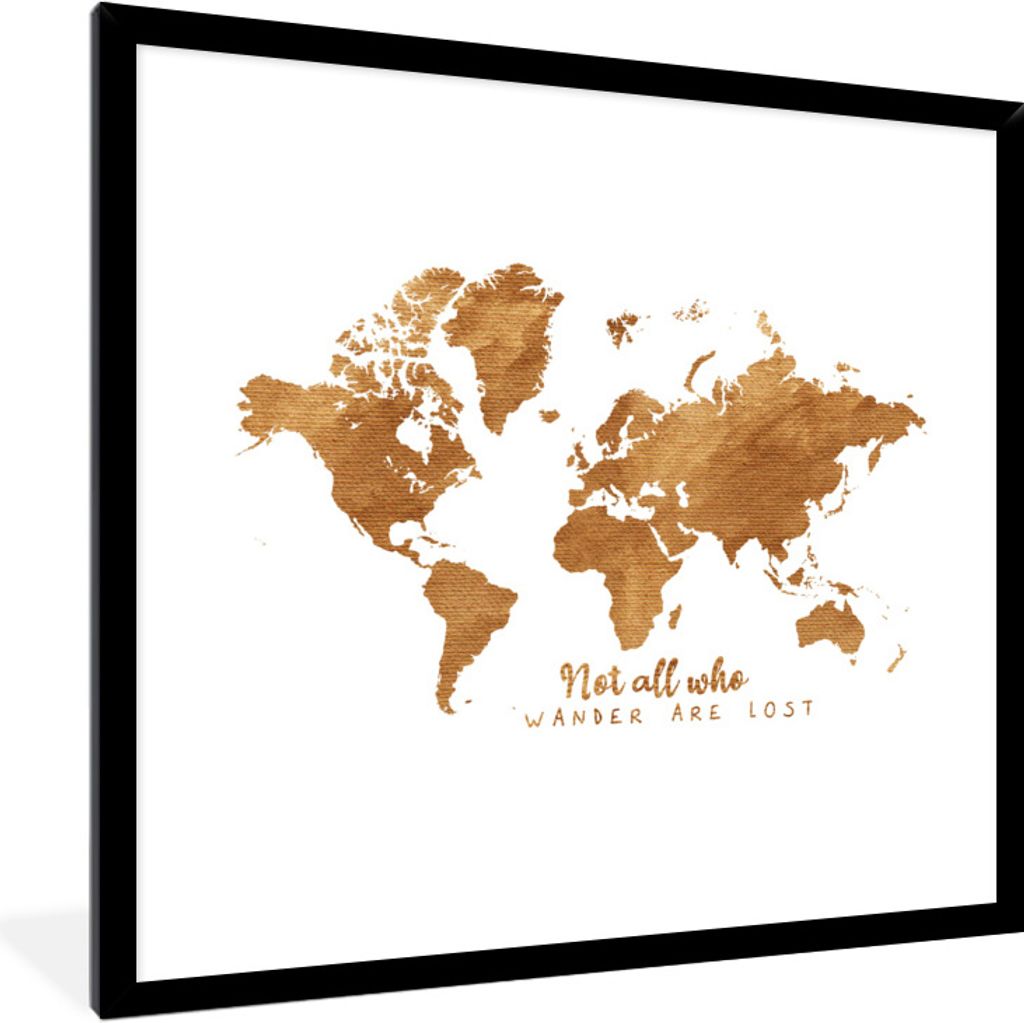 MuchoWow Gerahmtes Poster Weltkarte - Bronze - Zitat 40x40 cm - Poster mit Schwarzem Bilderrahmen Wandposter Rahmen Foto Bilder - Mit Rahmen - Wa...