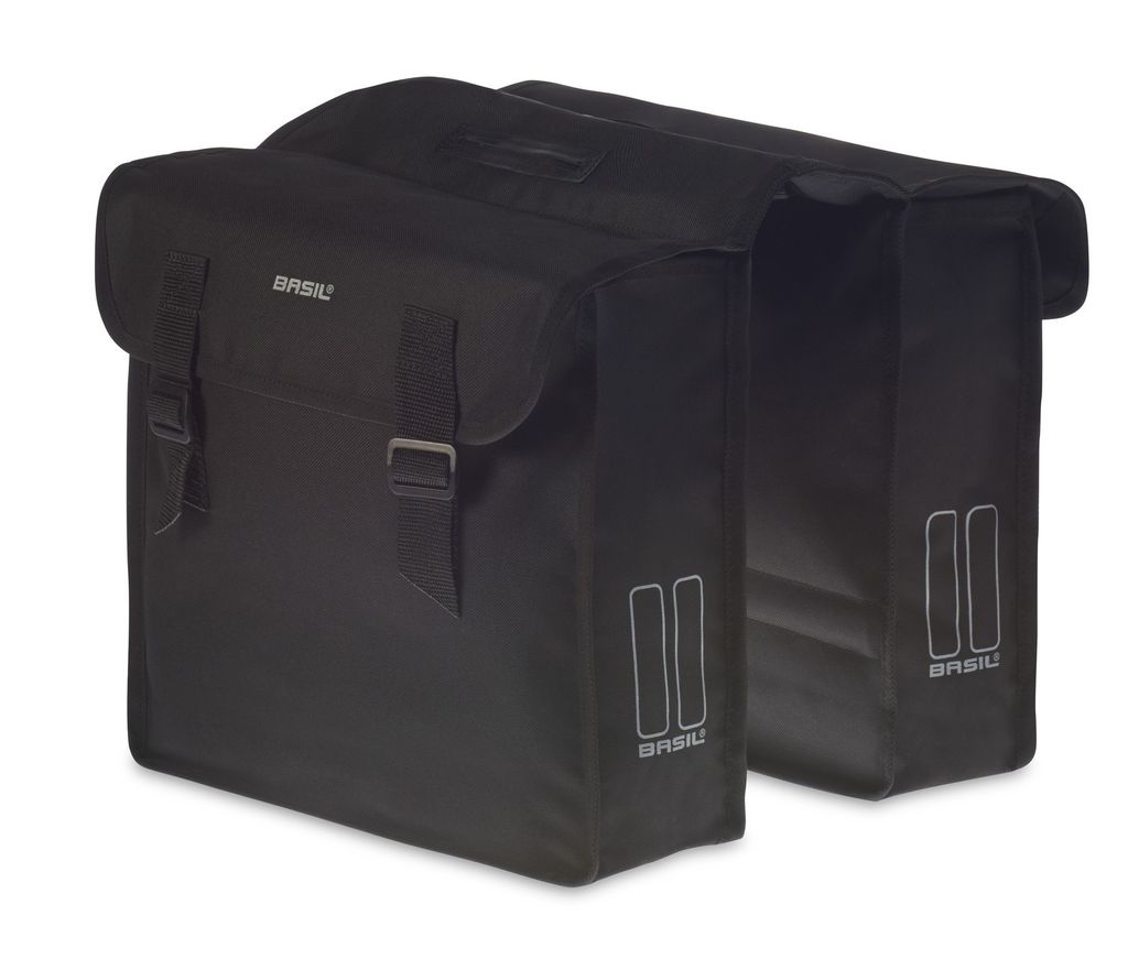A pair of black bicycle panniers shown from a three-quarter front view against a white background.