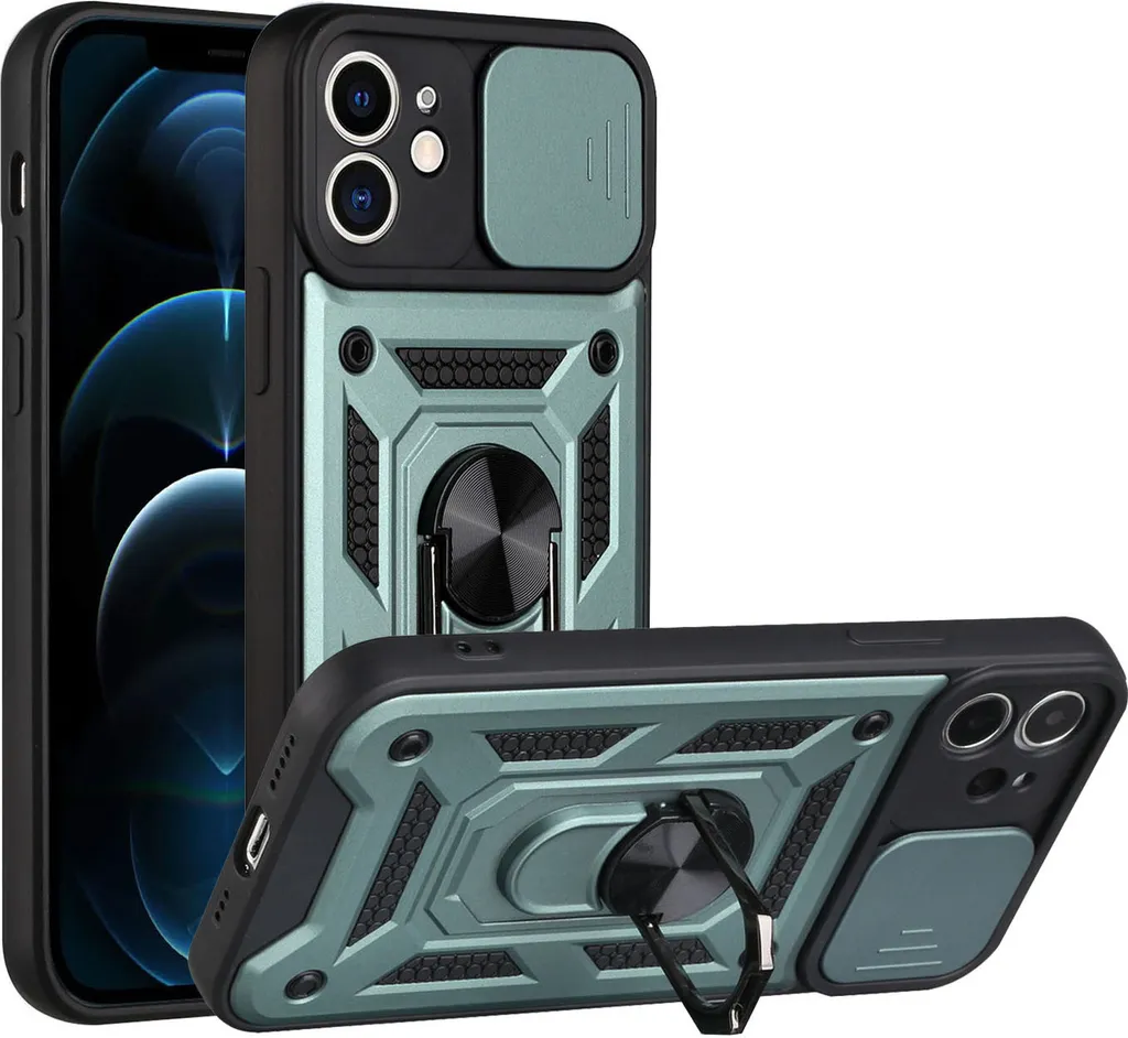 Custodia iPhone 12 Verde con Anello 360° e Protezione Fotocamera Slide