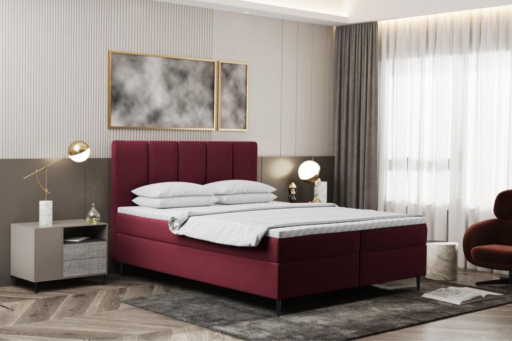 Kaiser Möbel Boxspringbett 180x200cm mit bettkasten und matratze+topper, Schlafzimmerbett POEL Rotwein