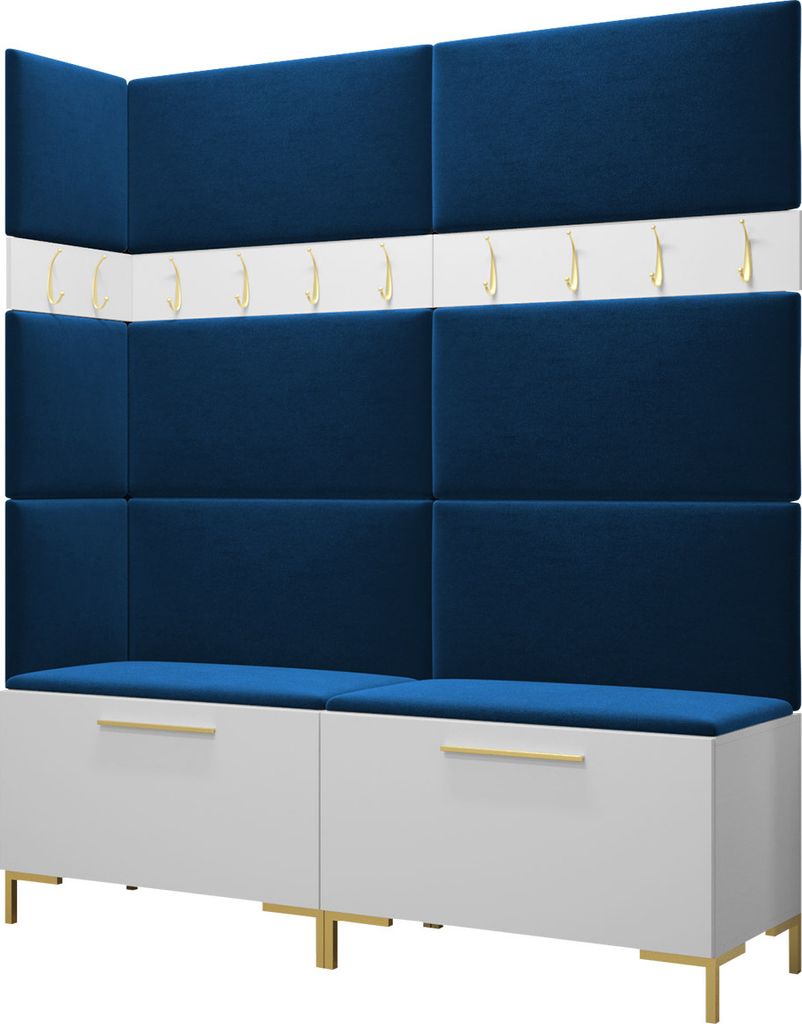 MIRJAN24 Garderoben-Set Zilion V, Garderobe mit 8 Stück Gepolstertes Wandpaneel Pag 84x42 und 3 Stück 42x42 (Weiß + Gold, Manila 26)