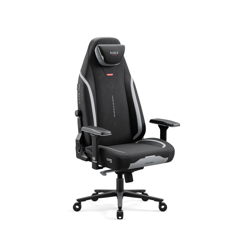A black and gray gaming chair with a headrest, shown from the front on a white background.