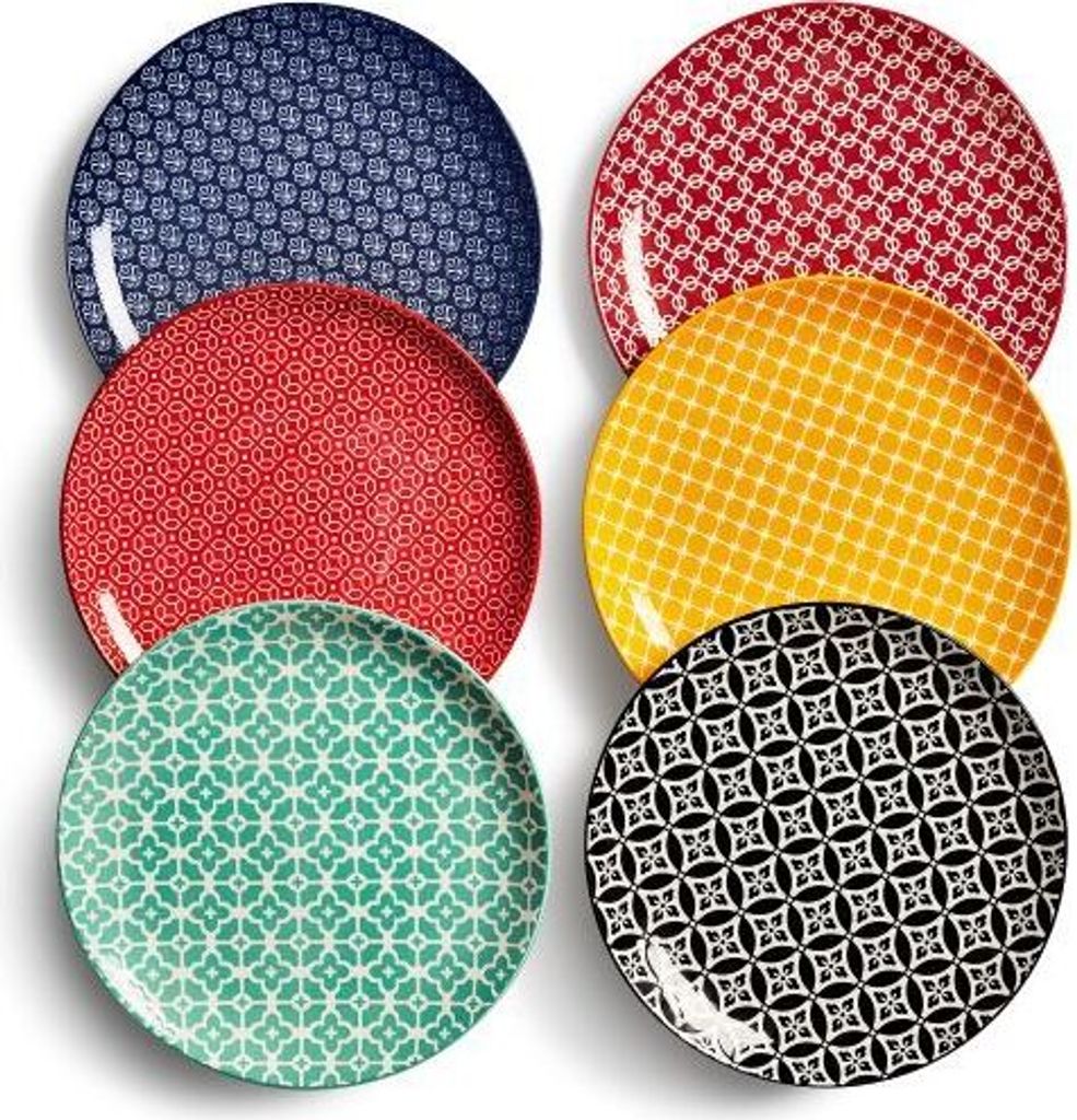 DOWAN 6er Set Porzellanteller 21,5 cm Dessert Salat Teller Spülmaschinenfest Für Mikrowelle Kuchen Frühstück, Bunt