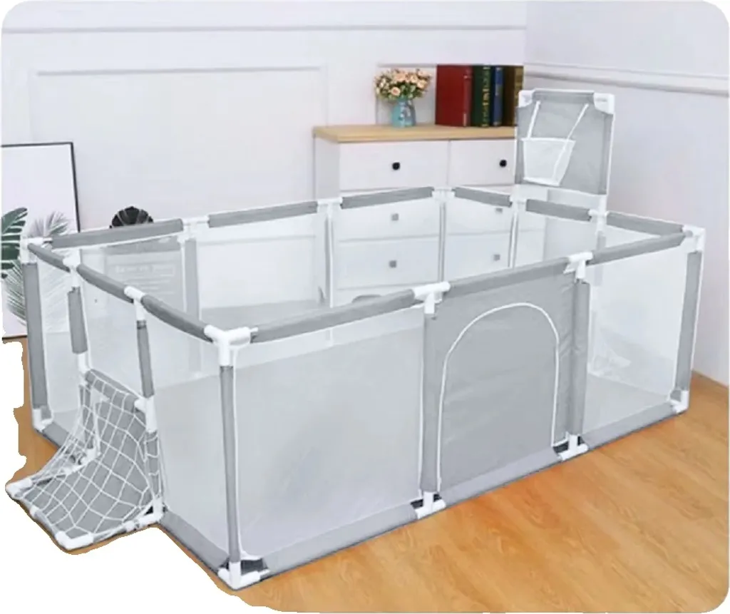 Parc bébé géant gris avec cages de foot en tissu résistant lavable