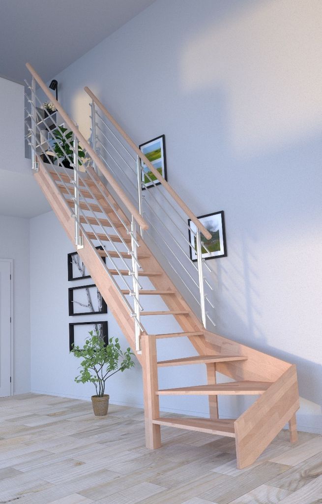 Holztreppe Rhodos in 1/4 gewendelter Ausführung links-Buche-Design Geländer Edelstahl-beidseitig-ohne Setzstufen