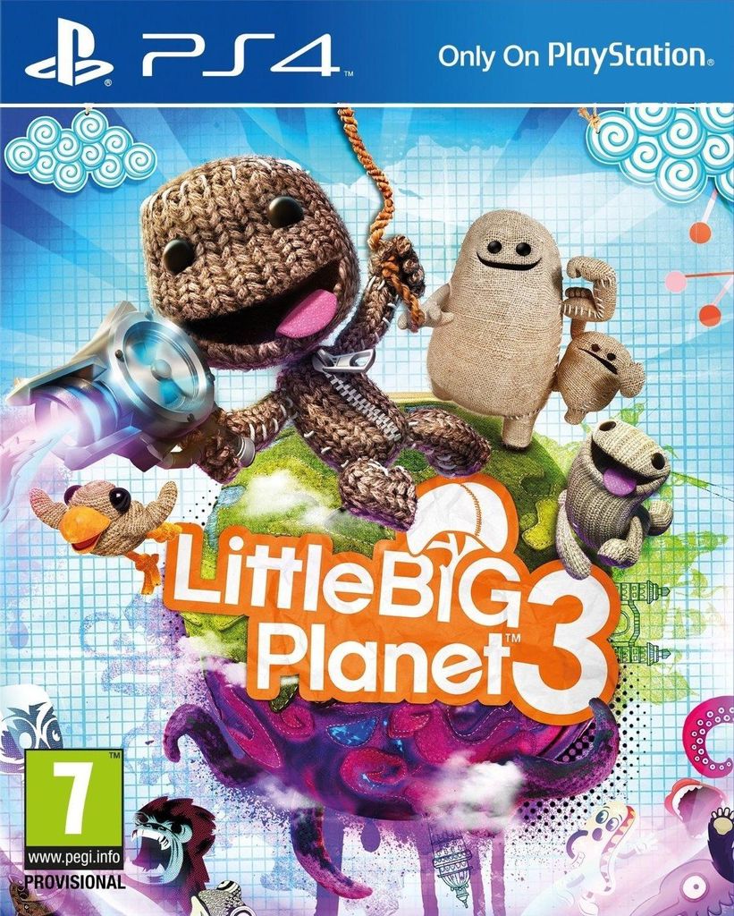 The image is a video game cover for LittleBigPlanet 3 on PS4, featuring characters from the game.