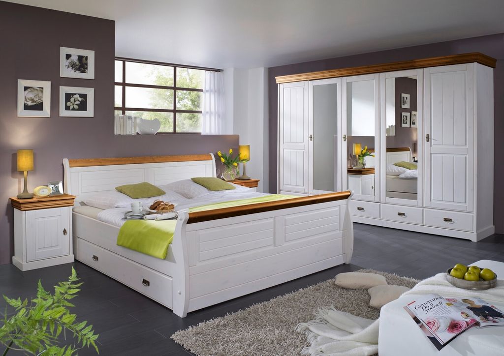 Bett Rom Kiefer Weiß Gewachst Absetzung Honigfarbig 140x200