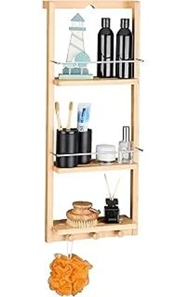 Mensola Bagno Bambù Senza Fori - Organizzatore 3 Ripiani e Ganci