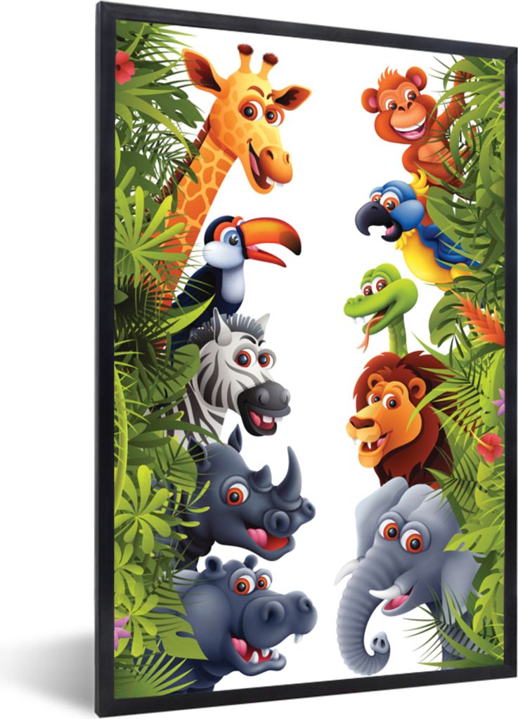 MuchoWow Gerahmtes Poster Dschungel - Tiere - Jungen - Mädchen - Giraffe - Elefant - Kinder 20x30 cm - Poster mit Schwarzem Bilderrahmen Wandpos...