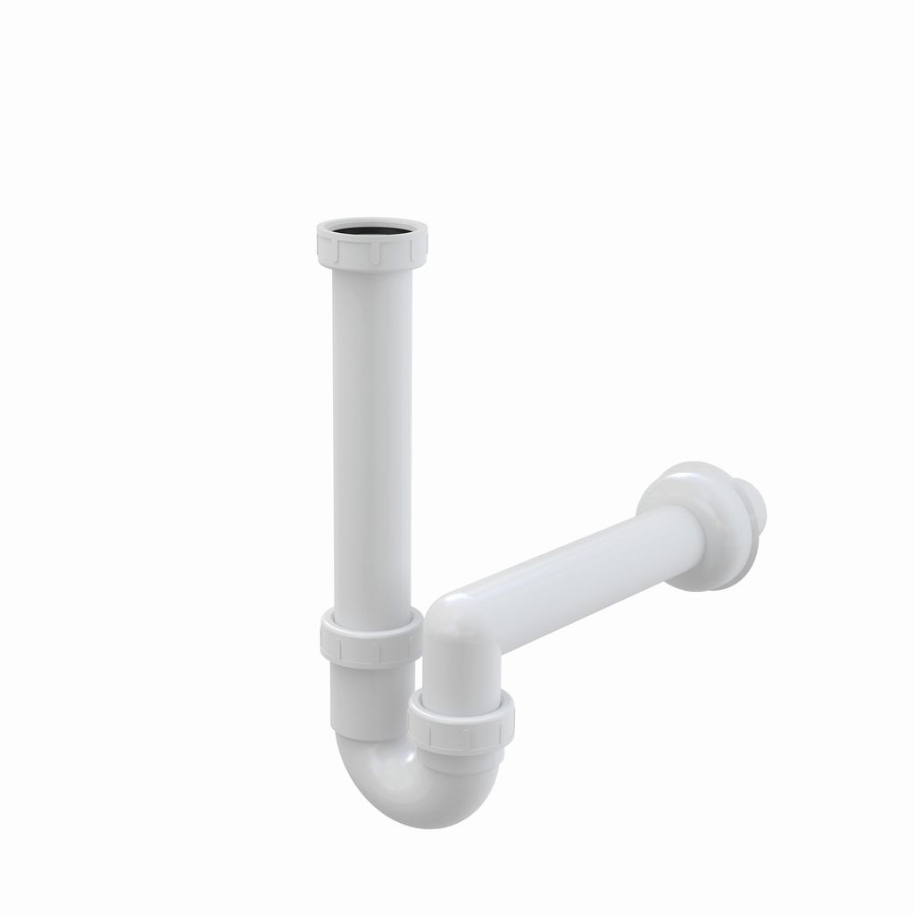 A white plumbing trap with a vertical pipe and a horizontal outlet pipe, shown against a white background.