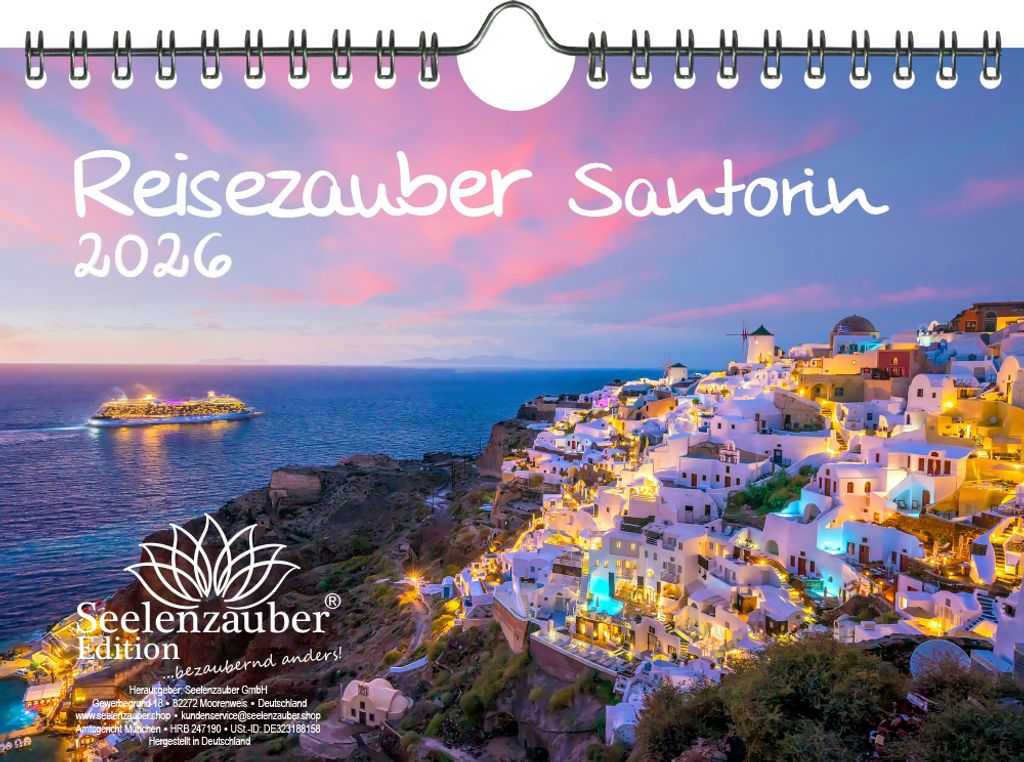 Reisezauber Santorin DIN A5 Kalender für 2026 Fira Griechenland Meer Strand Urlaub - Seelenzauber