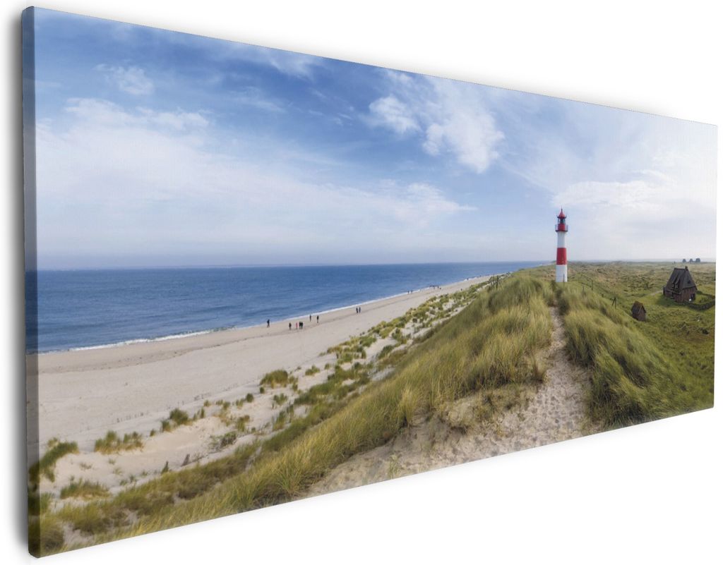 Wallario Premium Leinwandbild Am Strand von Sylt Leuchtturm auf der Düne Panorama in Größe 80 x 200 cm