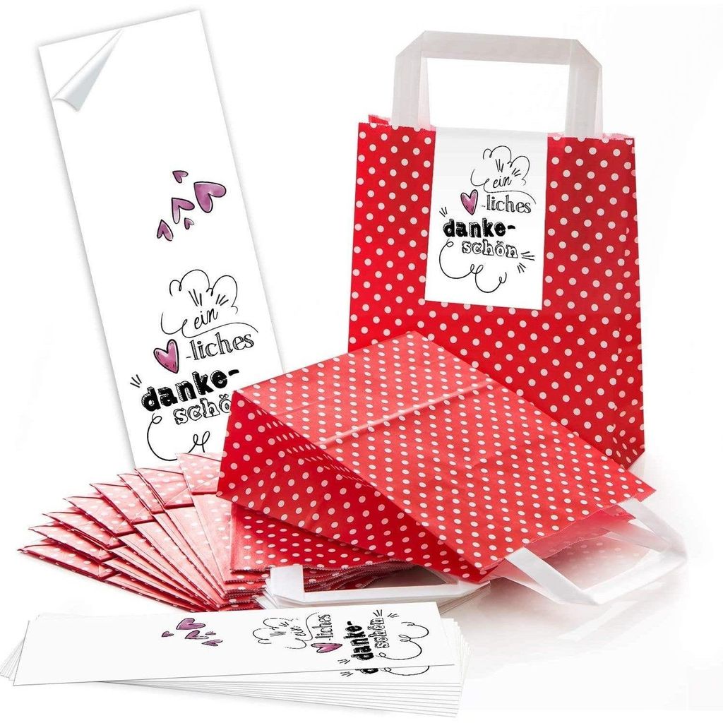 Logbuch-Verlag 25 rot weiß gepunktete Henkeltüten Papiertüten + 25 Banderolen zum Zukleben EIN HERZLICHES DANKESCHÖN weiß rosa Herz Geschenkve...