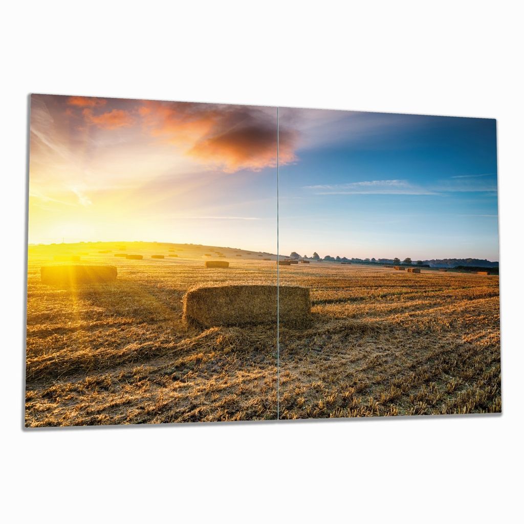 Wallario Herdabdeckplatte aus Glas, Größe 80 x 52 cm 2-teilig, Motiv Stroh auf dem Feld bei untergehender Sonne