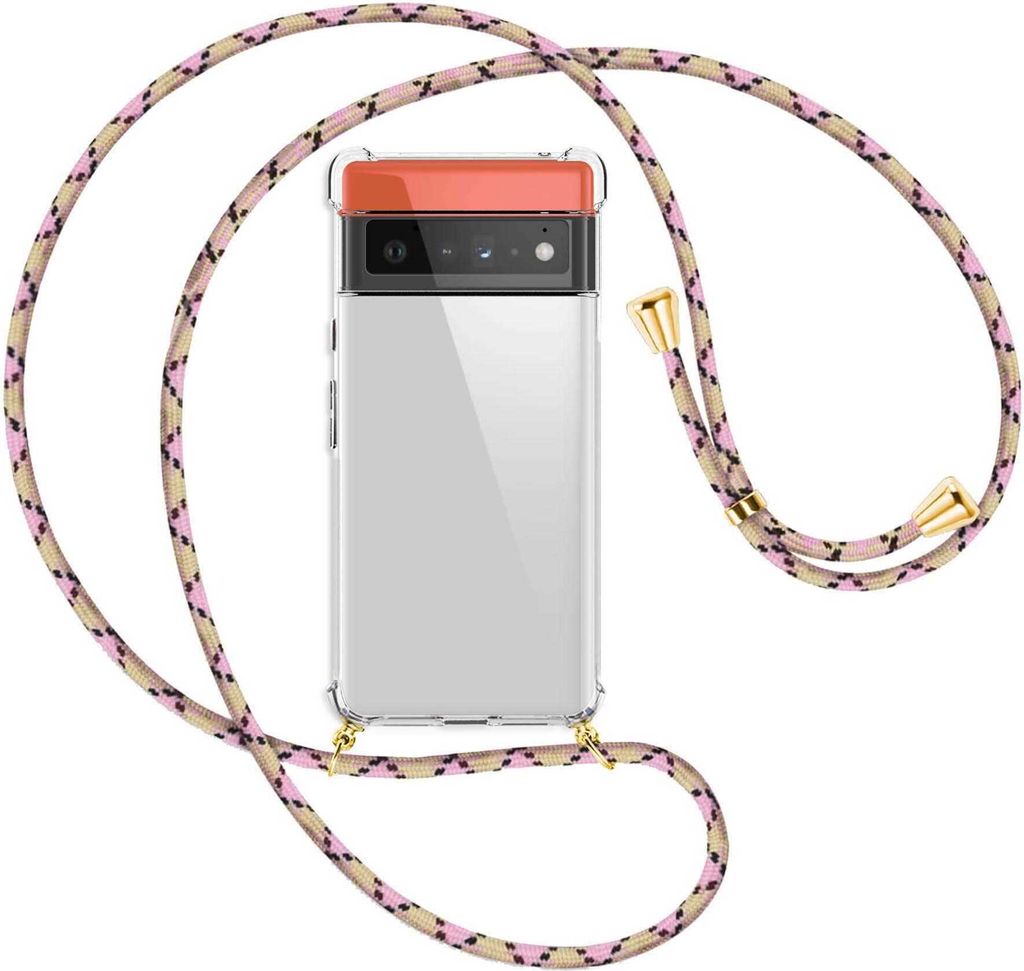 Handykette Backcover-Schutzhülle mit Band (Metall goldfarben) für Google Pixel 6 Pro - rosa Karo