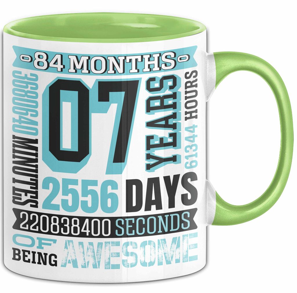 Tasse 07 Jahre Jubiläum Design mit Zeitangaben, Geschenkidee (Grün)