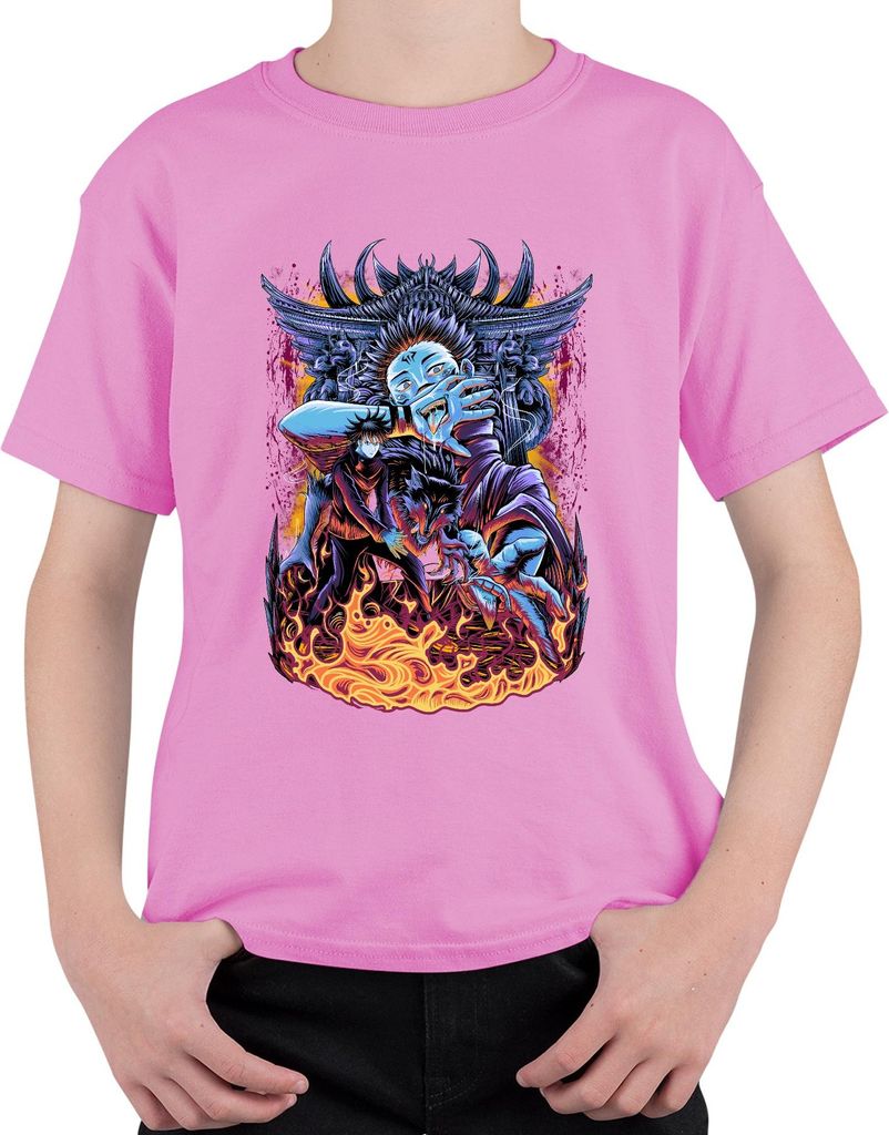 Dämonischer Wolf Anime Ästhetik Feuer Yokai Horror Grunge Uni Kinder T-Shirt, Pink, 140