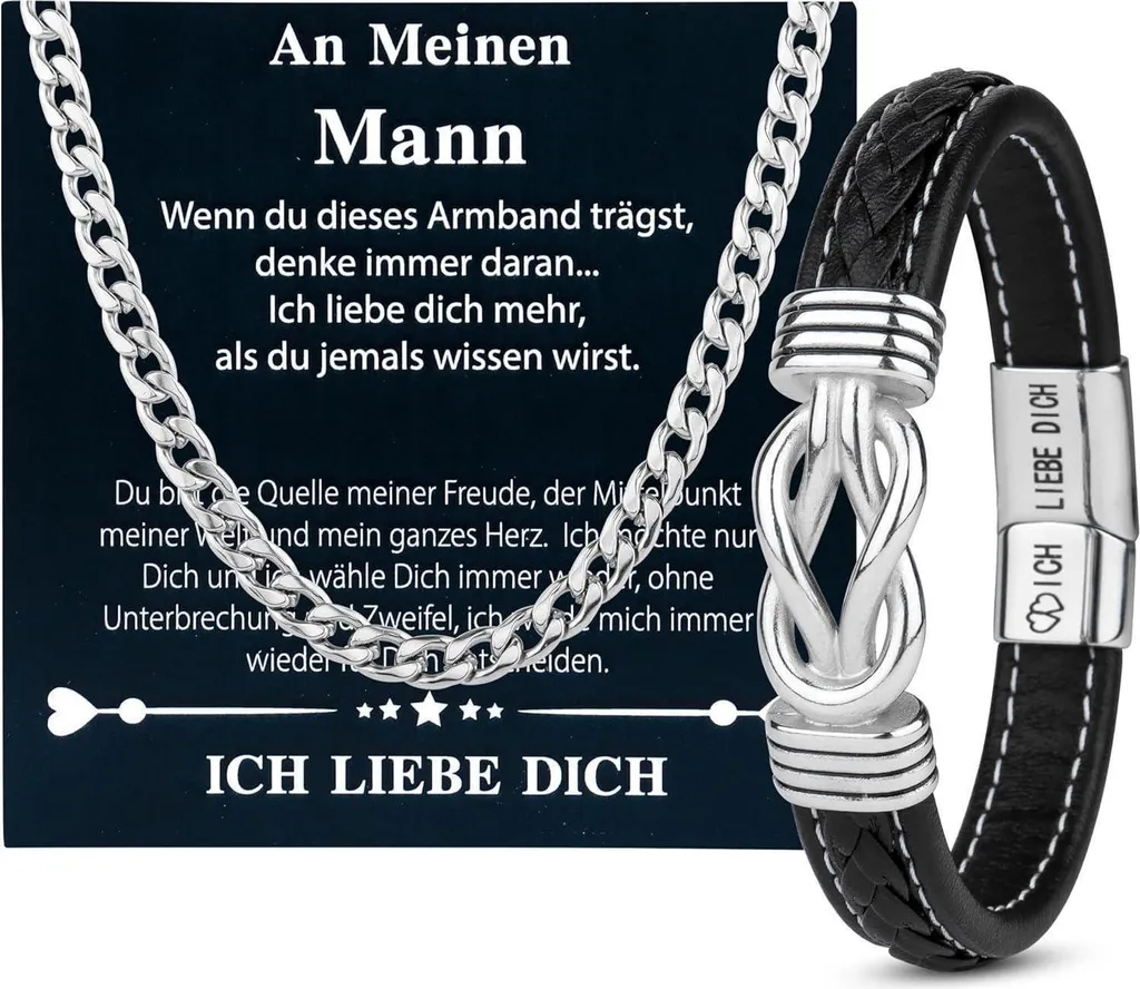 Parure Bijoux Homme avec Bracelet Cuir Tressé et Collier en Acier Robuste