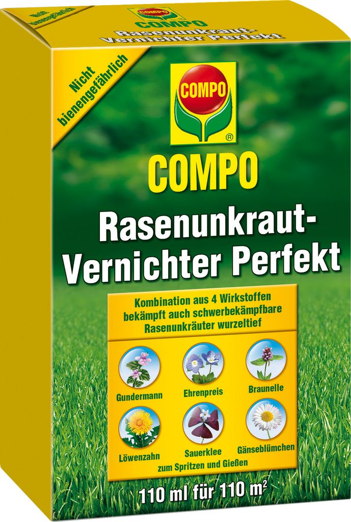 A product box for COMPO Rasenunkraut-Vernichter Perfekt, showing a green grassy background and illustrations of weeds.