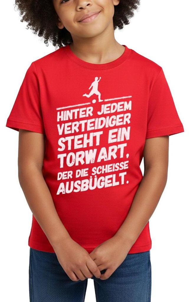 Spreadshirt Hinter Jedem Verteidiger Steht Ein Torwart Fußball Kinder T-Shirt, 110/116 (5-6 Jahre), Rot