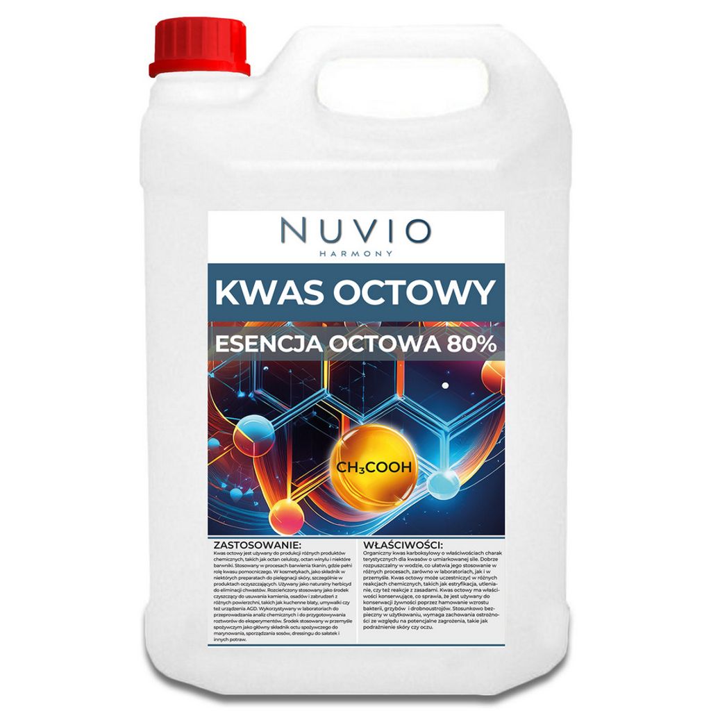 A white plastic jug with a red cap containing a chemical product, with a label showing product details and graphics.