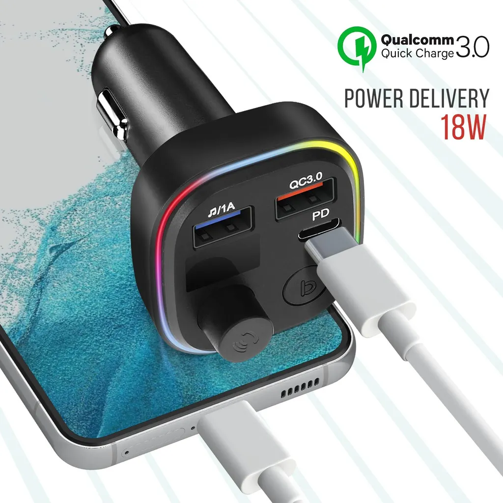 Adattatore Bluetooth Auto FM Nero con Ricarica Rapida PD & QC 3.0 - 4