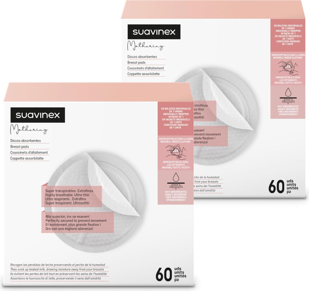 SUAVINEX Packung 2 x 60 Einweg-Stilleinlagen, Super atmungsaktiv und saugfähig. Nicht wahrnehmbar auf der Kleidung, 120 Stilleinlagen, 307301, wei...