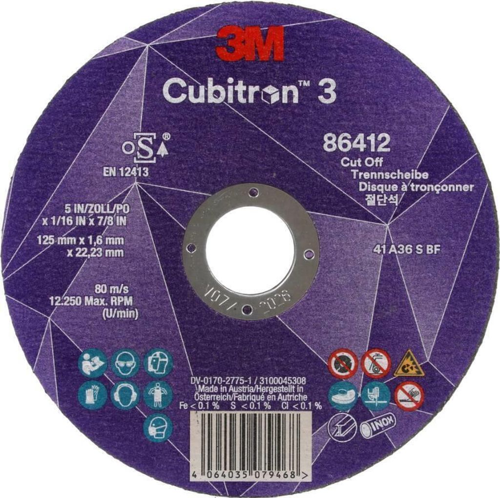 3M Cubitron 3 Trennscheibe, 86412, 36+, T41, 125 mm x 1,6 mm x 22,23 mm, EN, 25/Pack, 50 Stück/VE | Packung (25 Stück)
