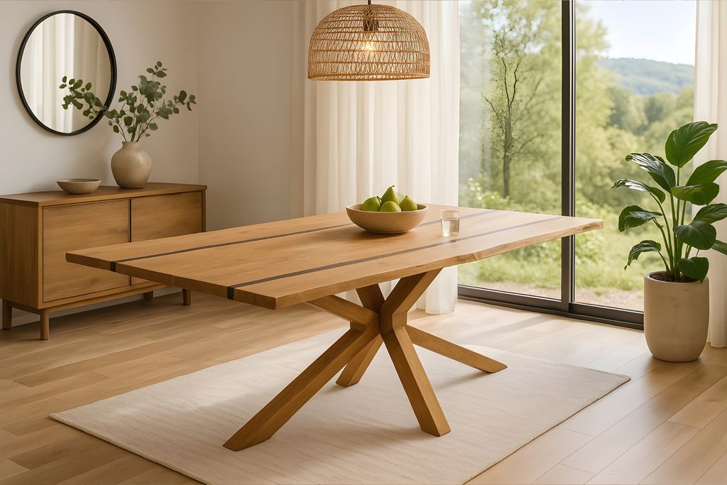 Baumkantentisch 140 x 80 cm Akazie natur Epoxidharz-River in Schwarz Spider-Gestell Holz natur PEDRO