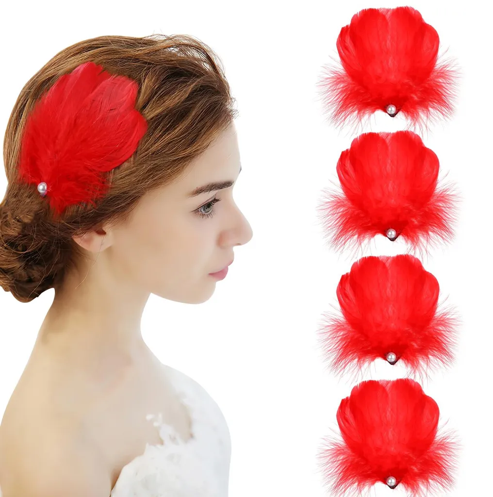 Barrettes rouges à plumes et perles, lot d'accessoires cheveux chic