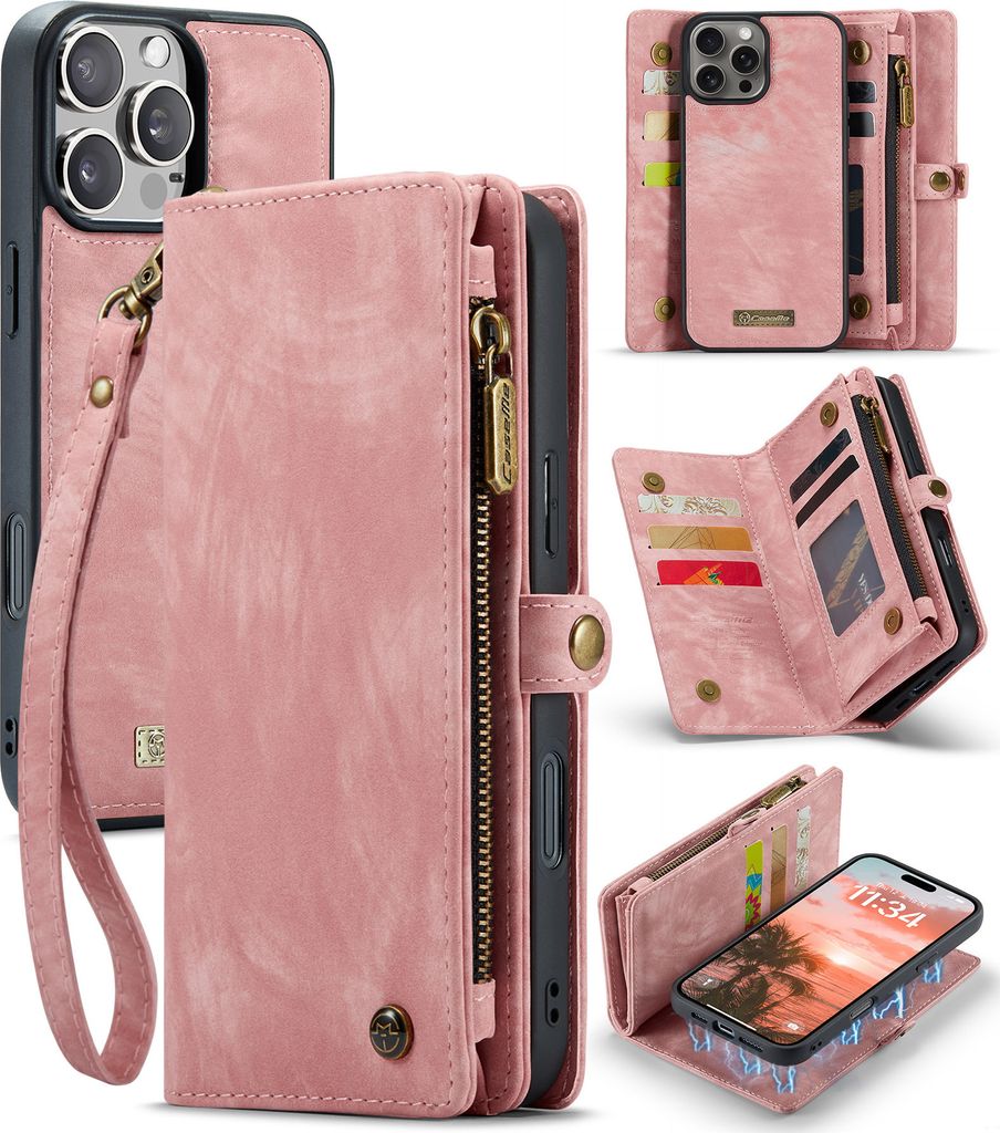 Schutzhülle für iPhone 16 Pro Max, Vintage Multifunktions Lederhülle, Kartenfächer, Reißverschluss Hülle Pink