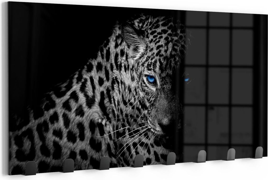 DEQORI Kleiderhaken Glas 60x30 cm 'Leopard mit blauen Augen' Wand Garderobe beschreibbar
