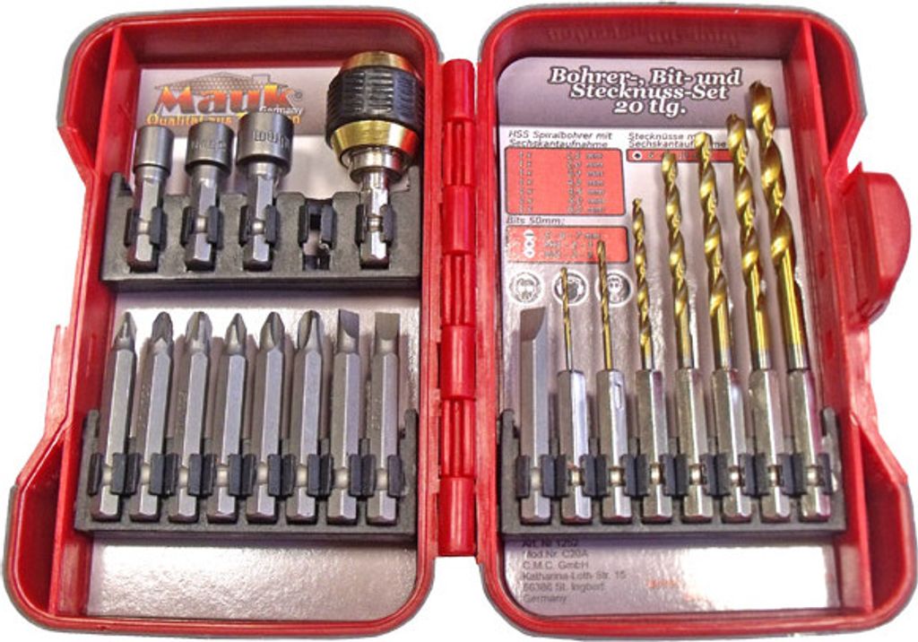 Mauk 20tlg Bohrer Bit Set Spiralbohrer Metallbohre 6-kant Aufnahme Stecknüsse