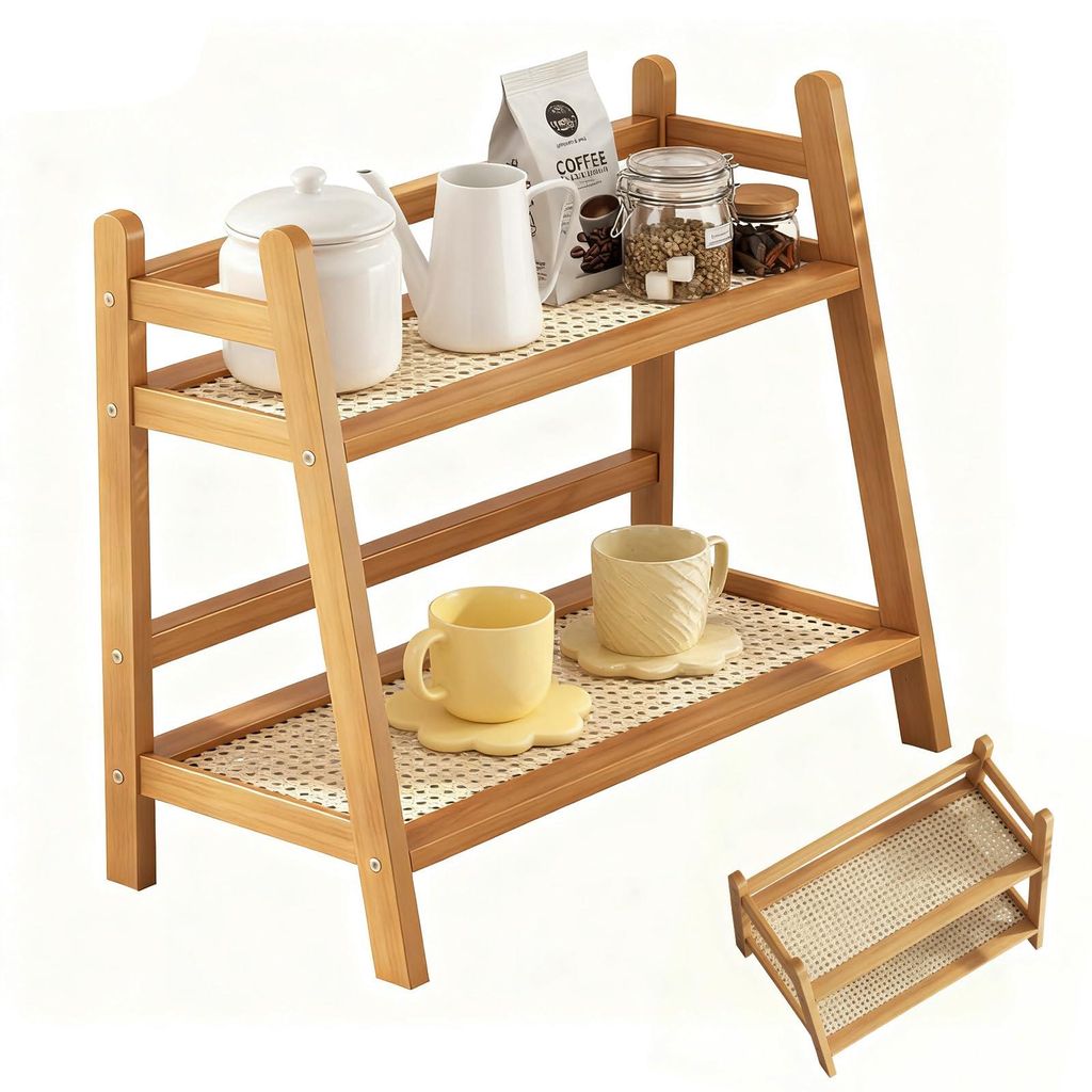 2-stöckiges Tassenregal, Küchenorganizer, Bambus-Rattan-Geflecht, Gewürzregal, Aufbewahrungsregal für Kaffeekapseln, Rattanregal, 45 x 18 x 28,...
