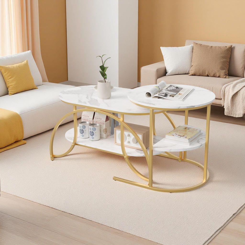 ProximaX Wohnzimmer Couchtisch-Set 2-teilig, oval & rund, Beistelltisch-Set, modernes Design, Marmor-Optik