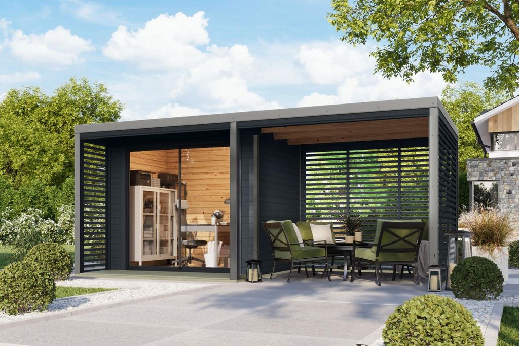Gartenhaus Holz 38mm mit Anbaudach Metall graualuminium / Holz anthrazit SATURN 539x276x232 cm