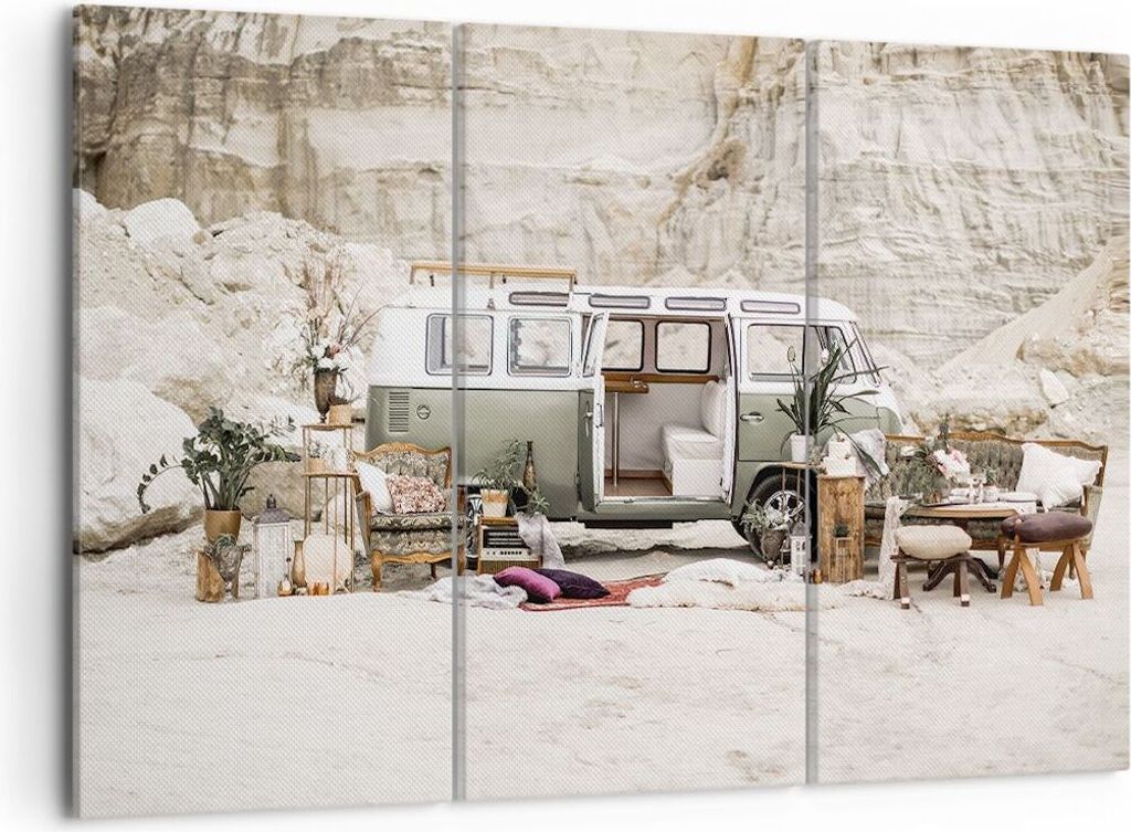 Bild auf Leinwand - Leinwandbild - 3 Teile - Wohnmobil Boho Möbel - 105x70cm - Wand Bild - Wanddeko - Wandbilder - Leinwanddruck - Bilder - Wandde...