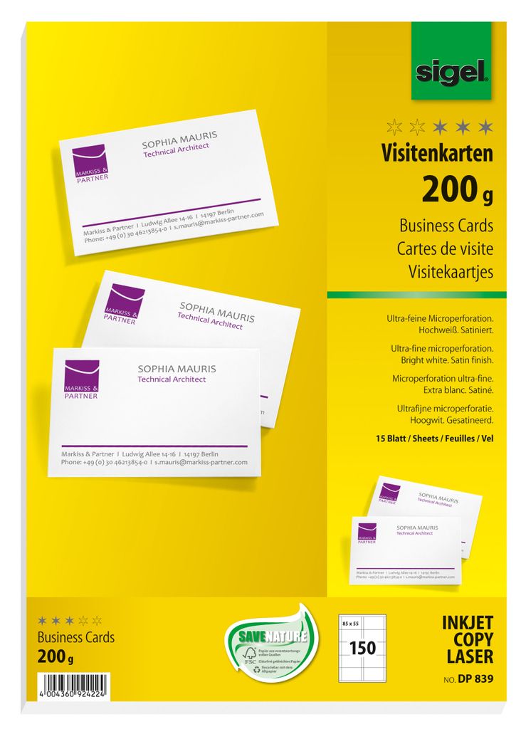 SIGEL DP839 Visitenkarten, microperforiert, satiniert200 Produktbild 