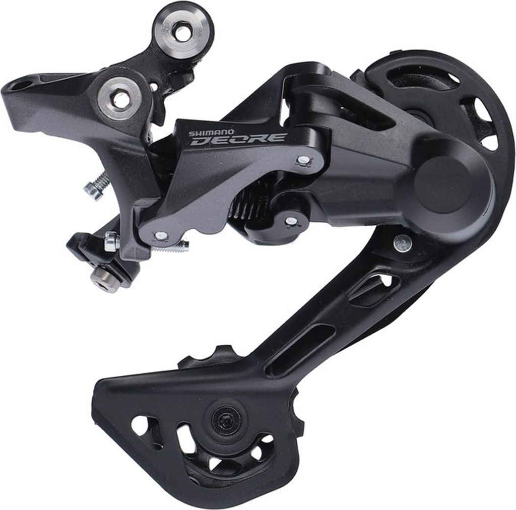 A black bicycle derailleur is shown against a white background.
