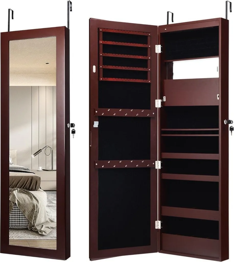 Armoire à bijoux murale en bois marron avec crochets et miroir intégré