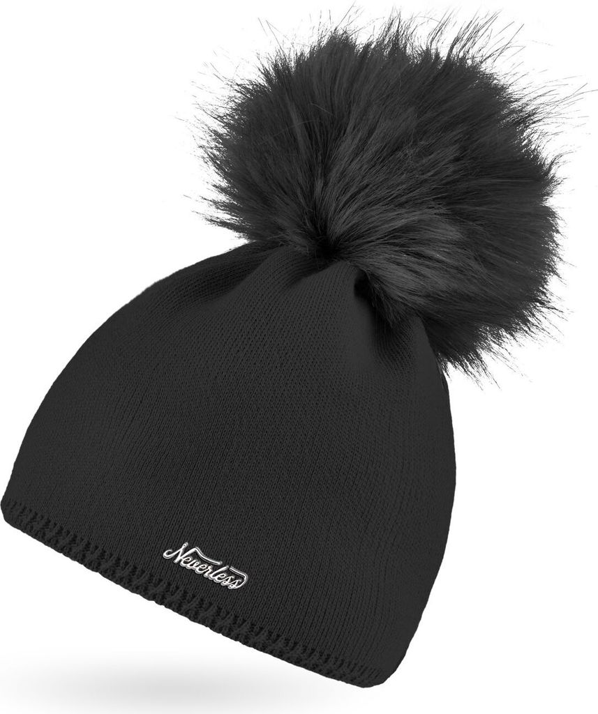 Damen Strickmütze Strick-Beanie mit Bommel Winter-Mütze Bommelmütze Feinstrick Neverless schwarz